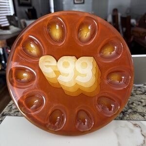 Vintage 70s Orange Crystal Craft Lucite Ceramic Psychedelic Devilled Egg Dish 9"